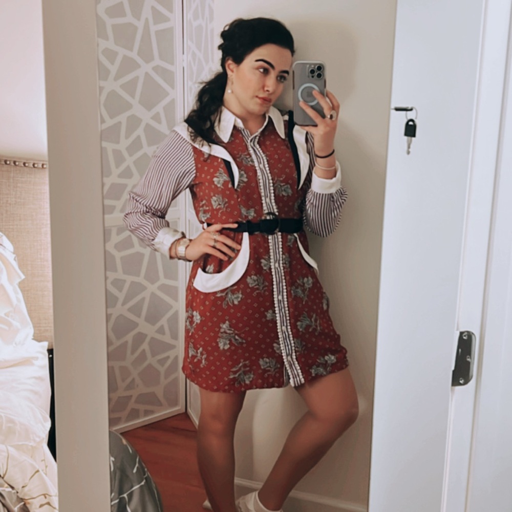 Anthropologie Red and Cream Long Sleeve Dress with Notched Collar